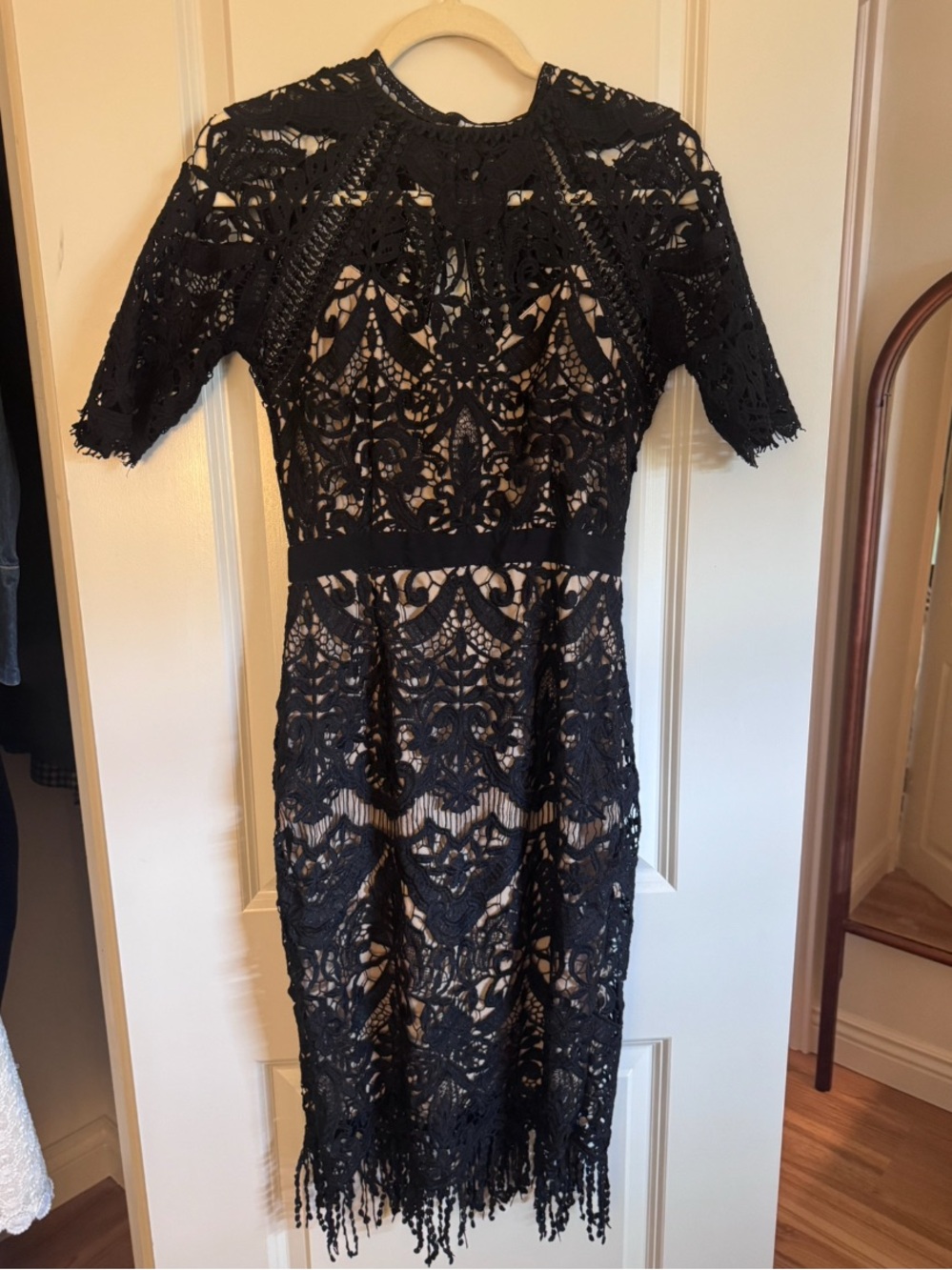 Saylor Lace and Fringe Open Back Midi Dress